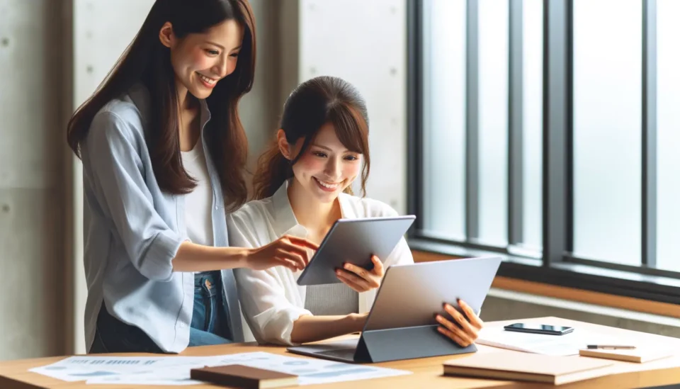 タブレットを使っている二人の女性