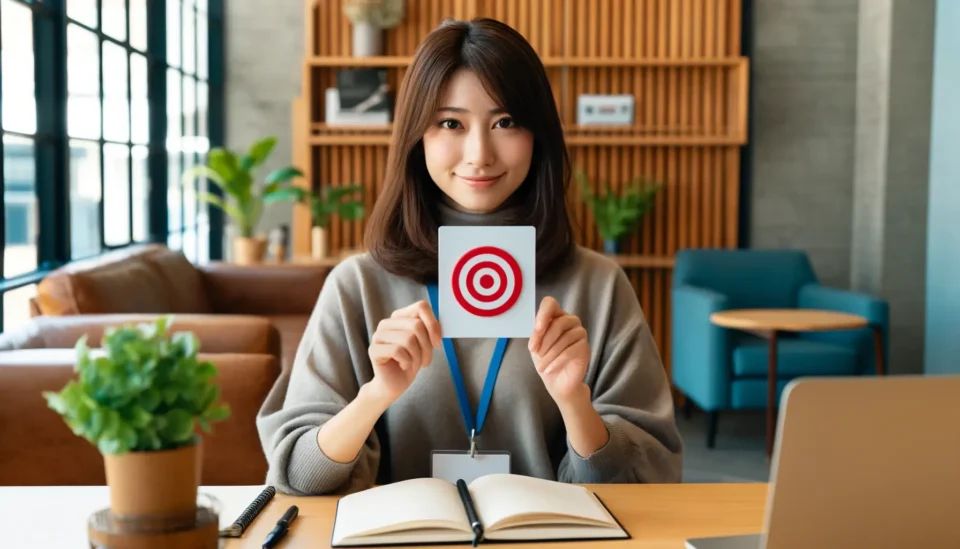 丸印の紙を持っている女性