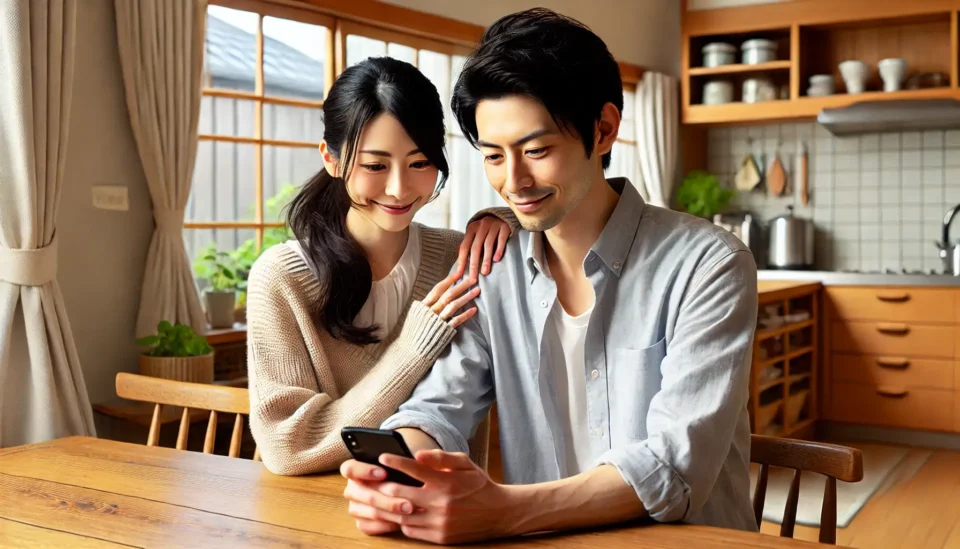 スマホを一緒に見ている若い夫婦